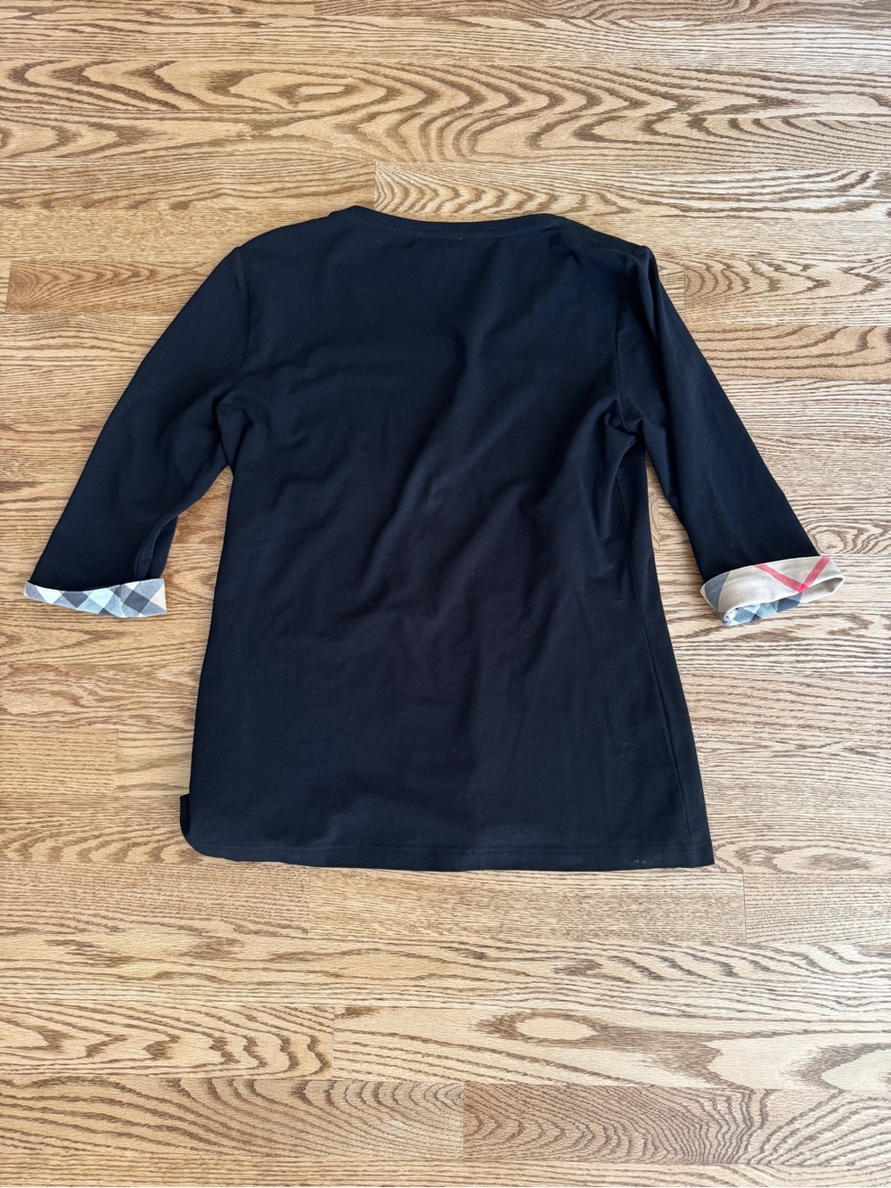 Burberry Black Three-Quarter Sleeve Top with Signature Check Cuffs. Size Medium - Picture 2 of 4
